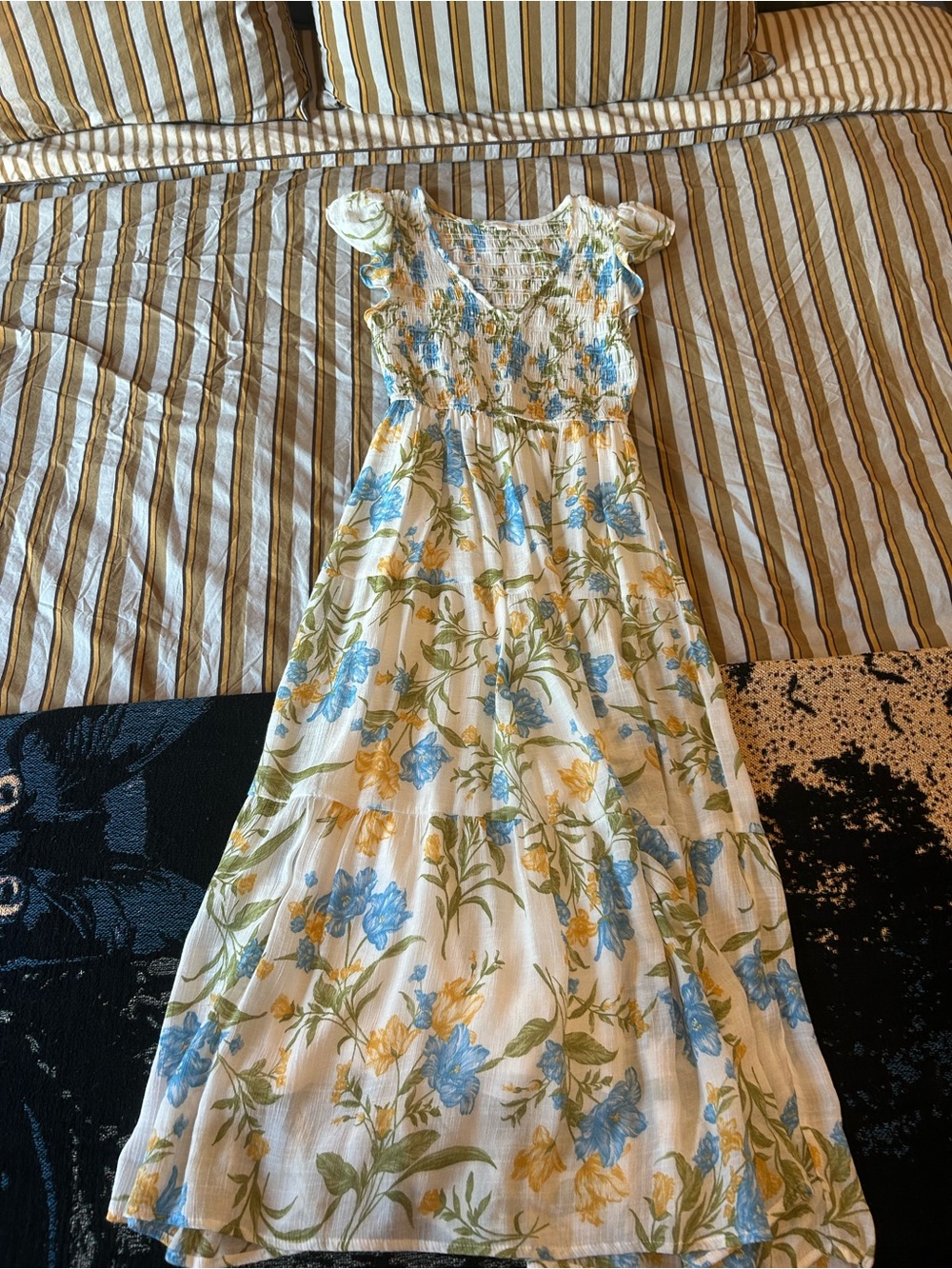 Women’s White Maxi Dress with Blue & Yellow Floral Print